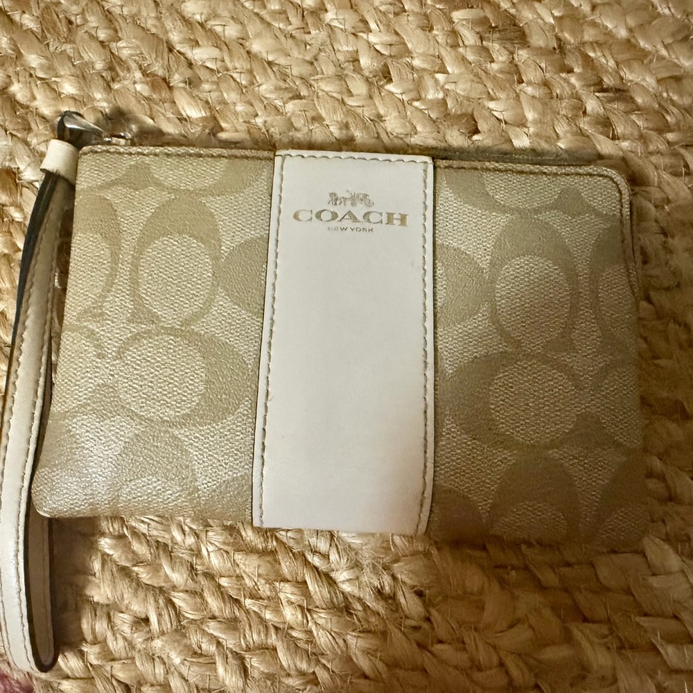 COACH Taupe Signature Canvas Wristlet with White Center Stripe